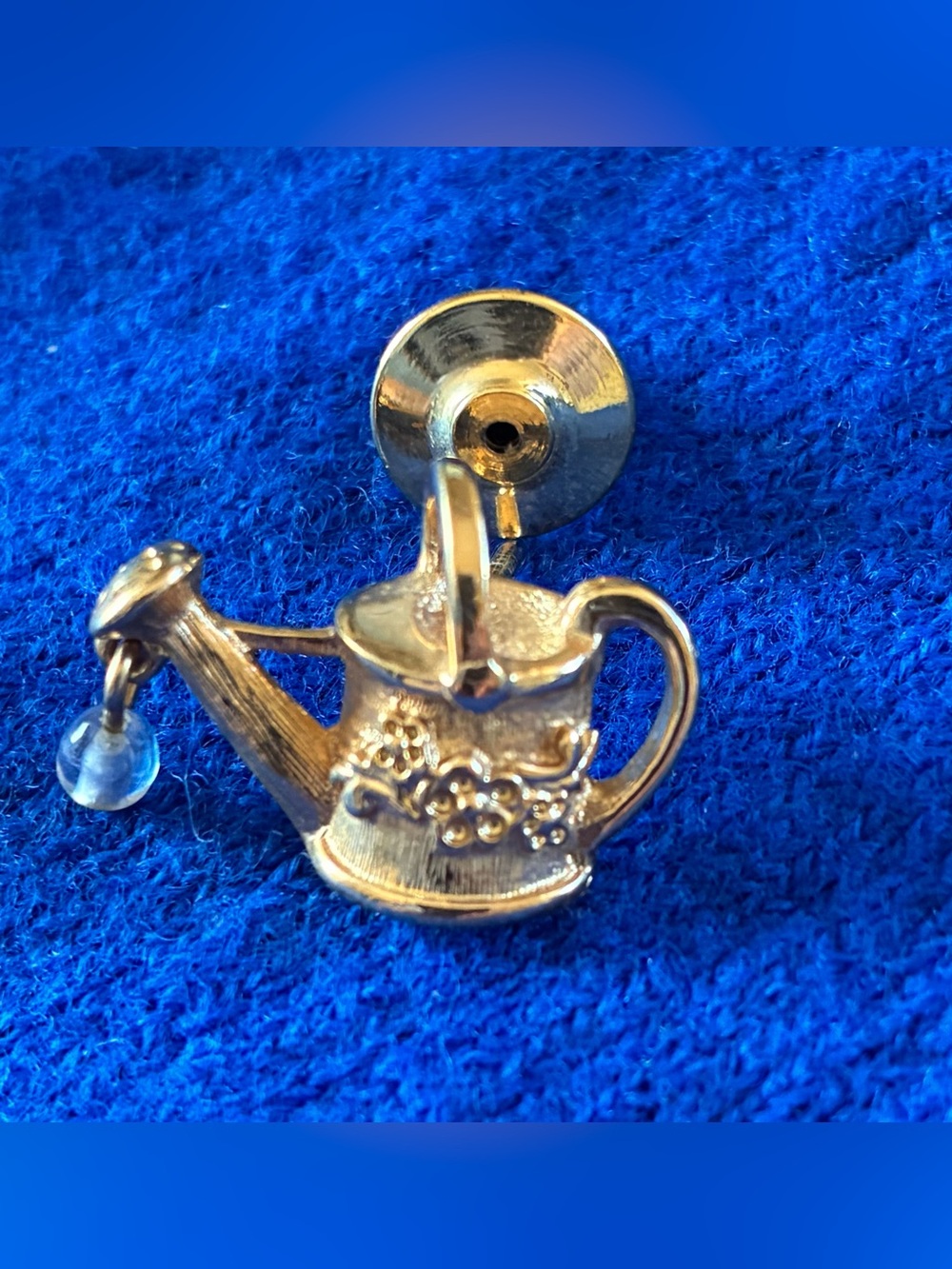 Gold Avon Watering Can Charm Pin with Clear Droplet